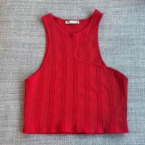 Zara Shirt Womens Large Cherry Red Asymmetrical Tank Top Crop Ribbed